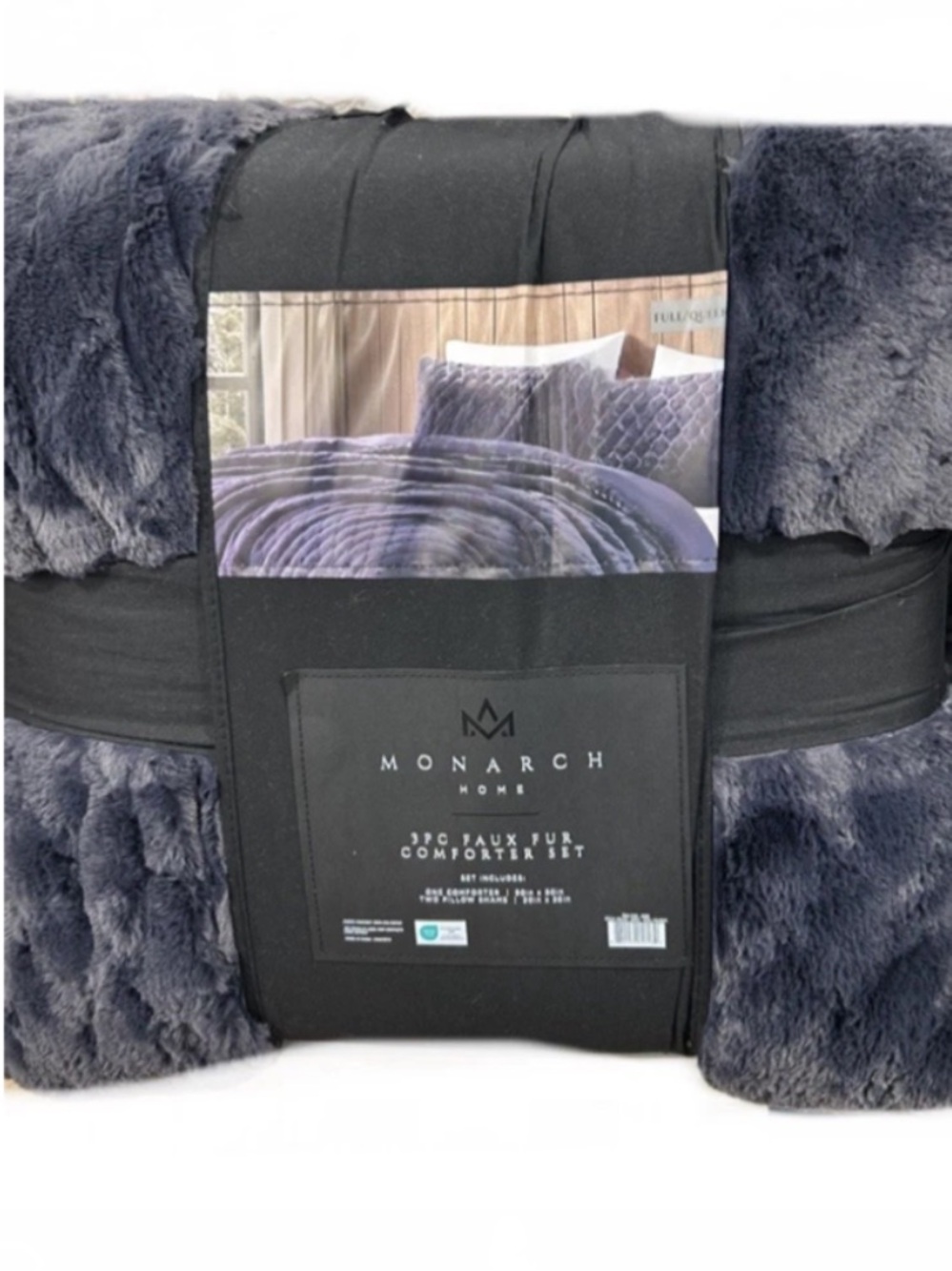 Monarch Home Faux Fur Queen Navy Blue Comforter Set 90”x90”